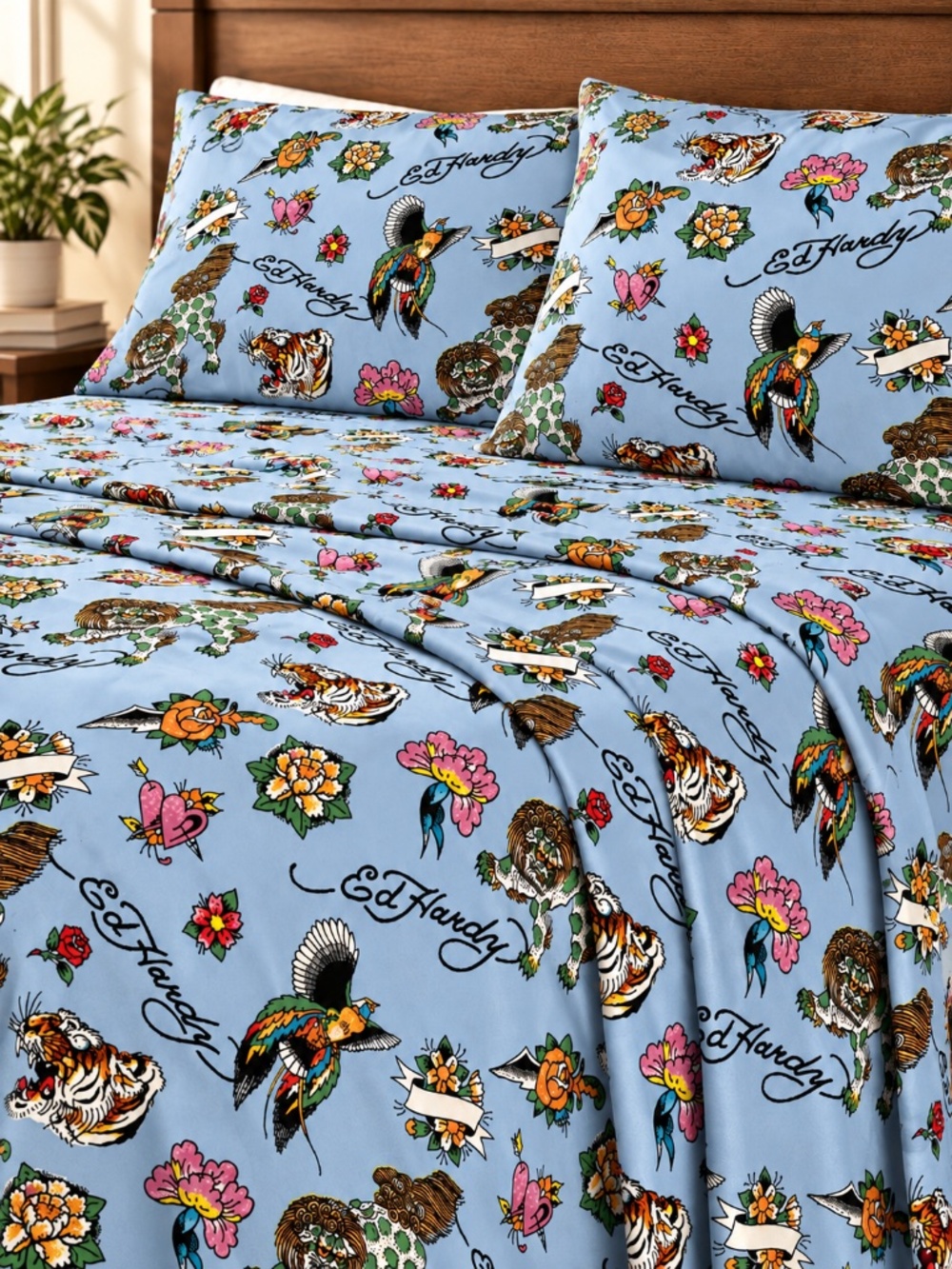 Ed Hardy King Sheet Set 6 Piece Tattoo Tiger Floral Blue 4 Pillowcases NWT